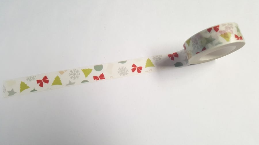 1 x 10m Roll Adhesive Craft Washi Tape - 15mm - Christmas Bows, Stars, Presents