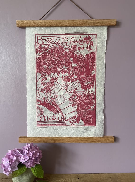 'Beautiful Autumn', Lino Print in Deep Pink on Natural Lokta Paper