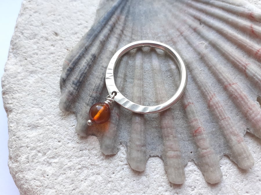 Sterling Silver Ring with Amber Dangle Stone, Size Q