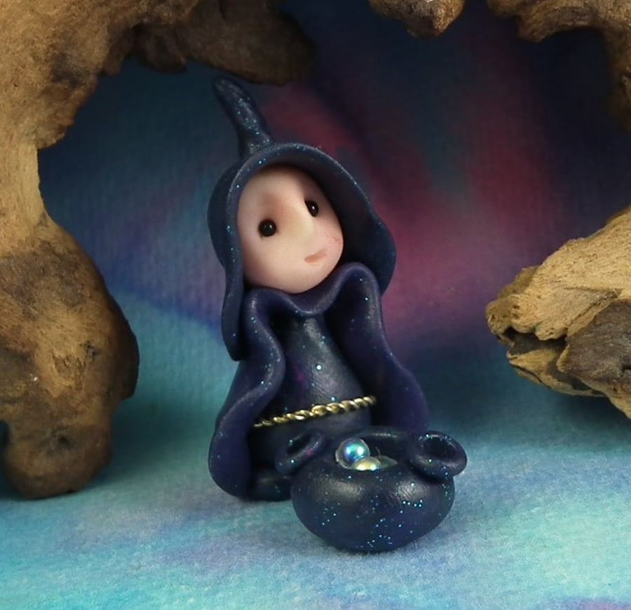 Spring Sale ... Tiny Witch Gnome 'Nevva' with cauldron OOAK Sculpt Ann Galvin
