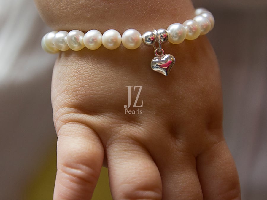 Freshwater Pearl Baby Bracelet Sterling Silver Heart Charm and beads Jewellery