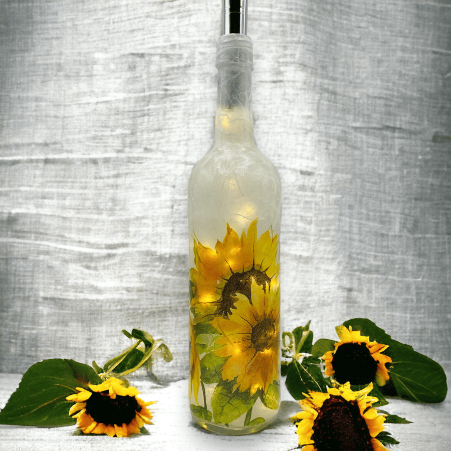 Decoupage Bottle light, Sunflowers, floral decor, summer yellow, lamp