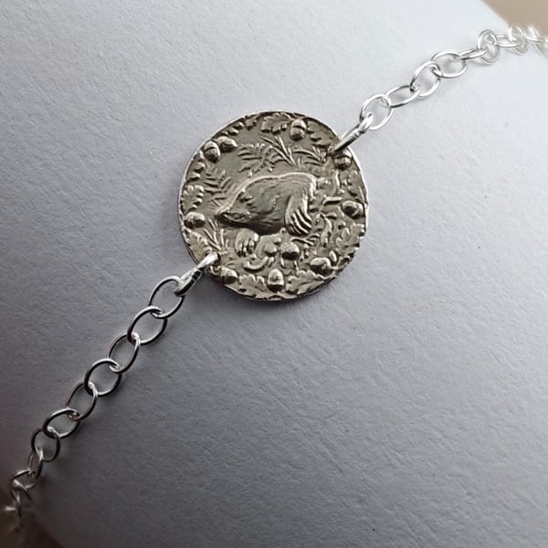 Mole Engraved Sterling Silver Coin Bracelet