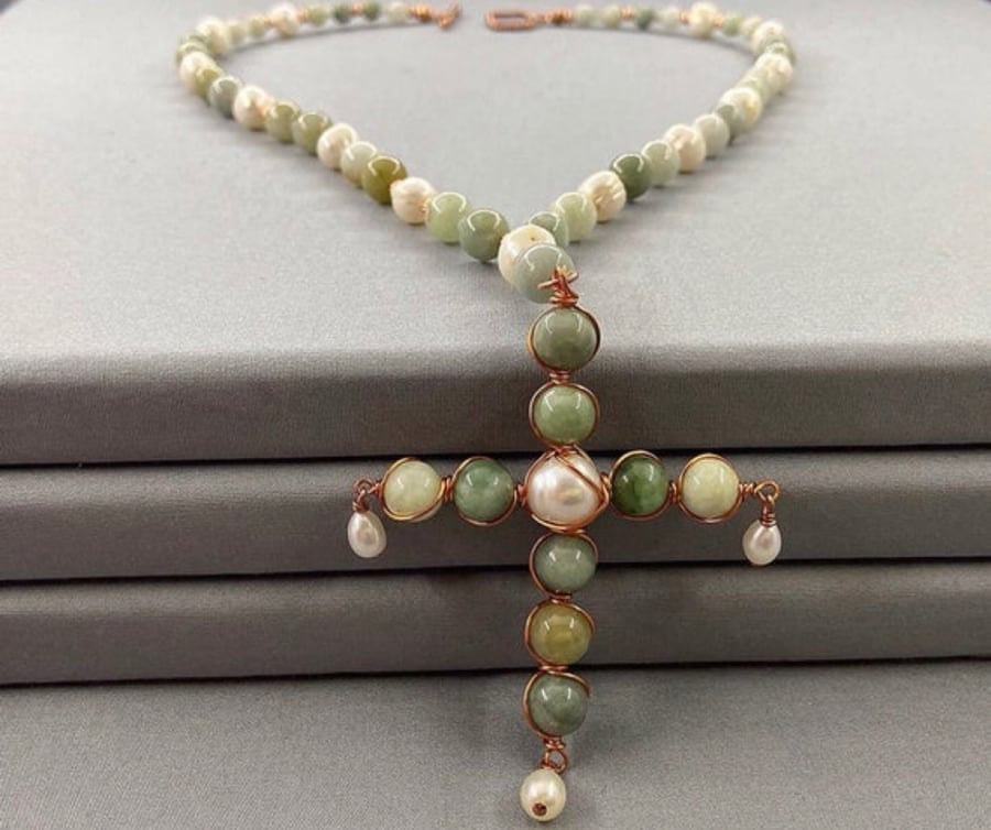Burmese Jadeite Jade & Cultured Pearl Cross Wire Wrap Copper Necklace