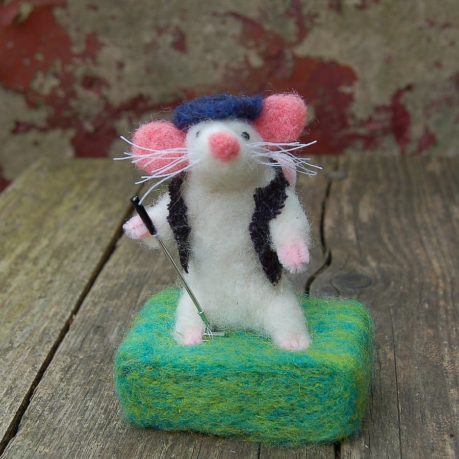 Golfing mouse    - needlefelt wool textile art.  