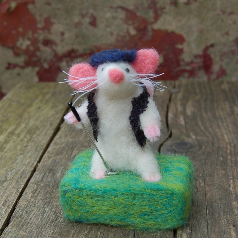 Golfing mouse    - needlefelt wool textile art.  