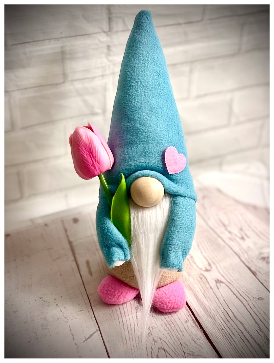 Handmade Soft Fleece Nordic Gnome with Tulip. Duckegg Blue 