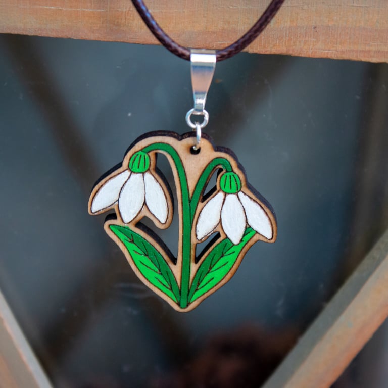 Wooden Snowdrop Necklace – Hand Painted & Folksy