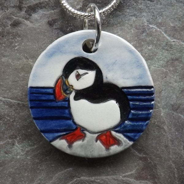 Handmade Ceramic Puffin Pendant in blue