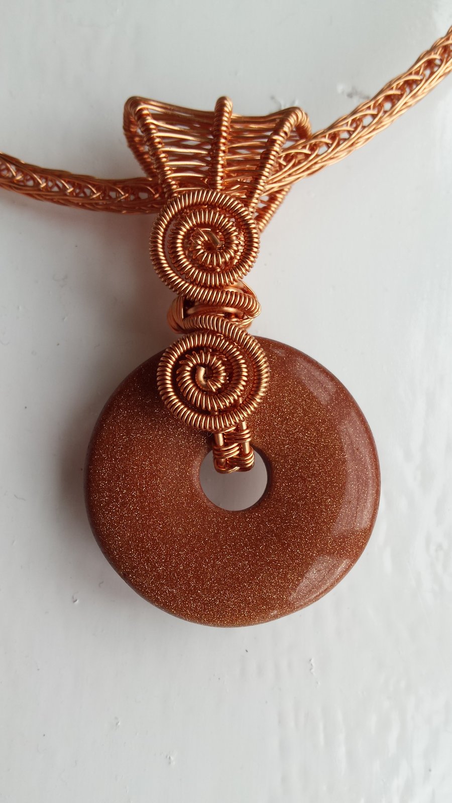 Reversible Brown Goldstone Donut with Viking Knit Chain