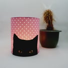 Black Cat Silhouette Lantern with LED candle and white spotty pink fabric