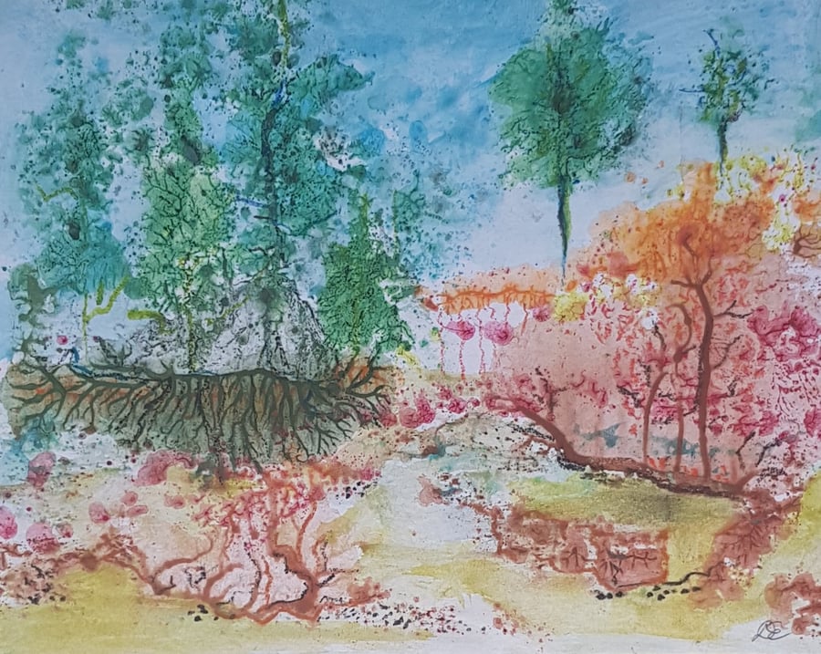 Autumn Path original artwork acrylic on paper  expression of landscape 