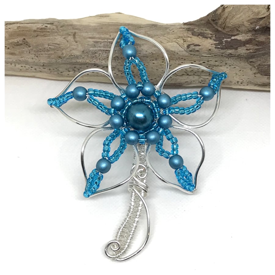 Silver Flower Brooch, Blue and Silver, Gift For Her