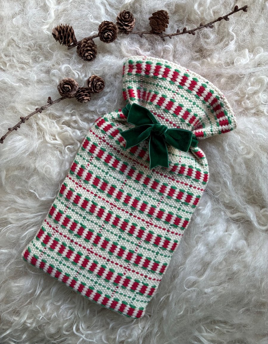 Mini Hot Waterbottle - Red & Green. Handwoven in Wales