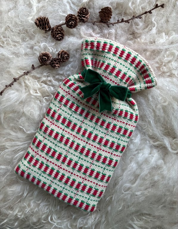 Mini Hot Waterbottle - Red & Green. Handwoven in Wales
