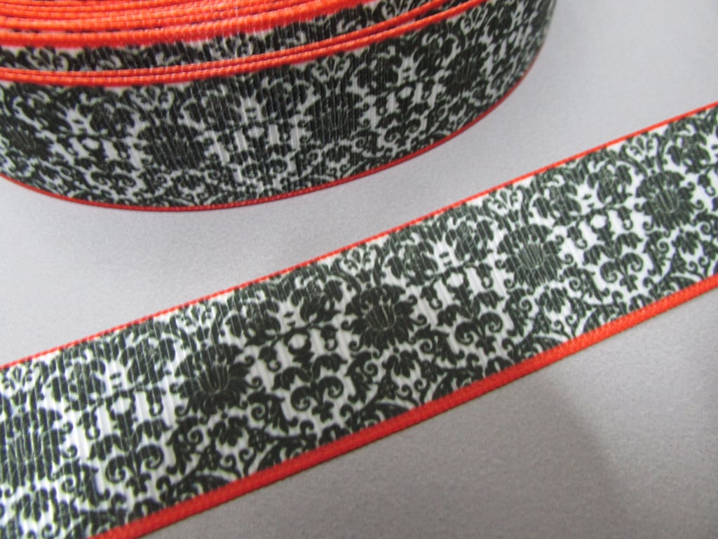 Red,Black and White Damask 2.5cm Grosgrain Ribbon x 1 metre