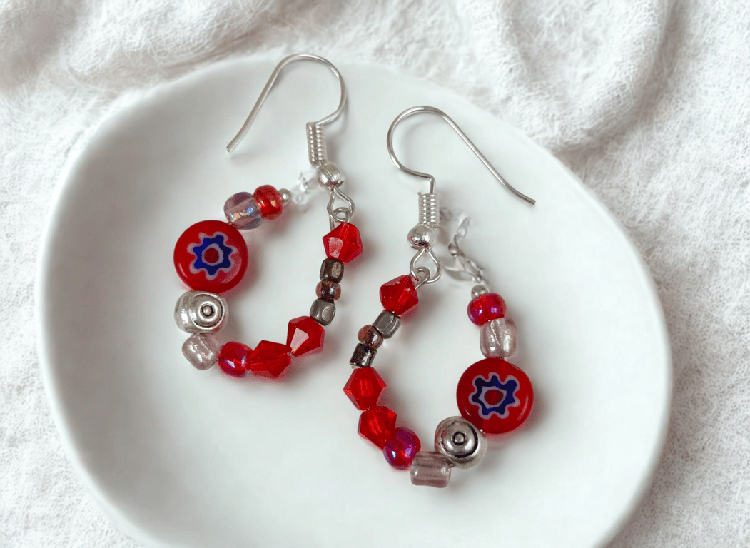 Poppy Red Beaded Hoops