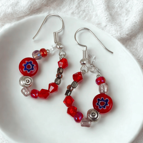 Poppy Red Beaded Hoops