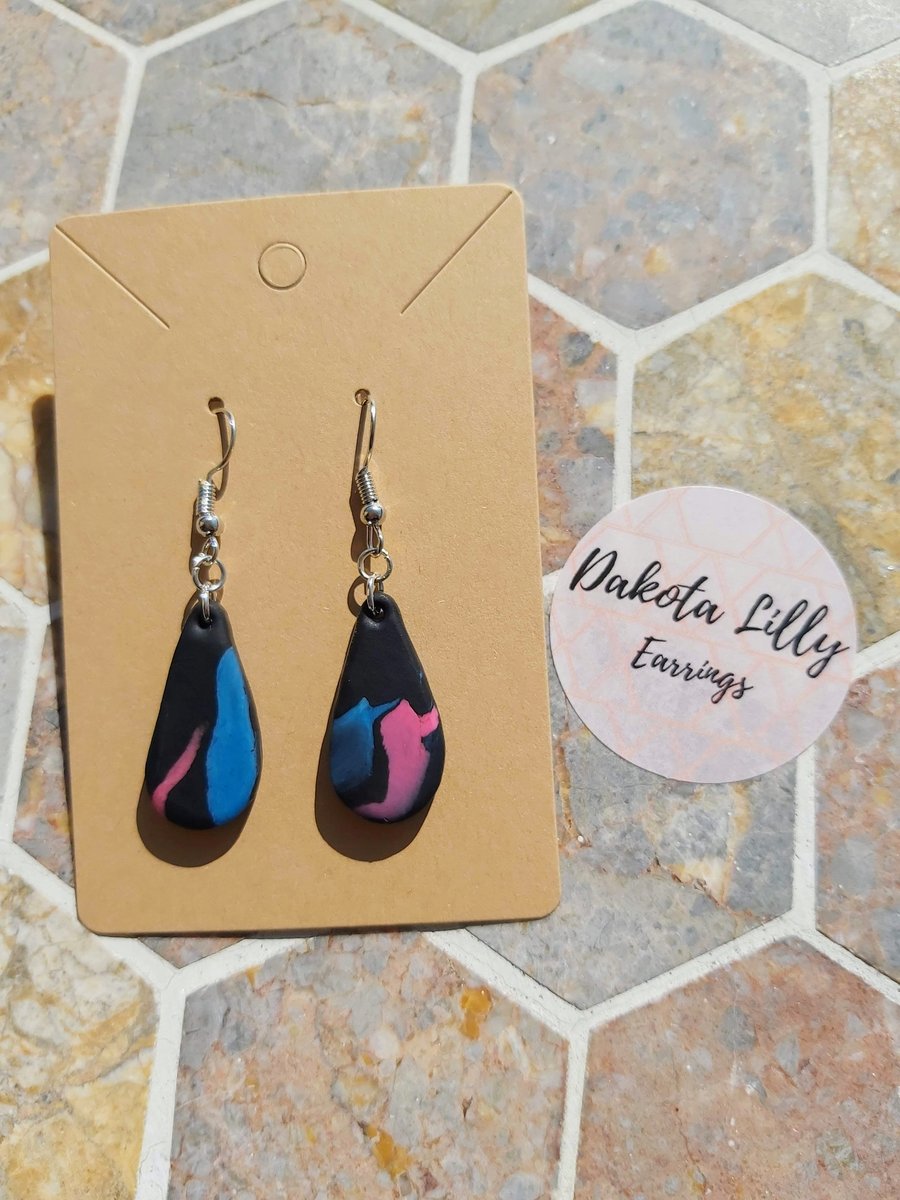 Black, Pink and Blue, hook polymer clay earrings