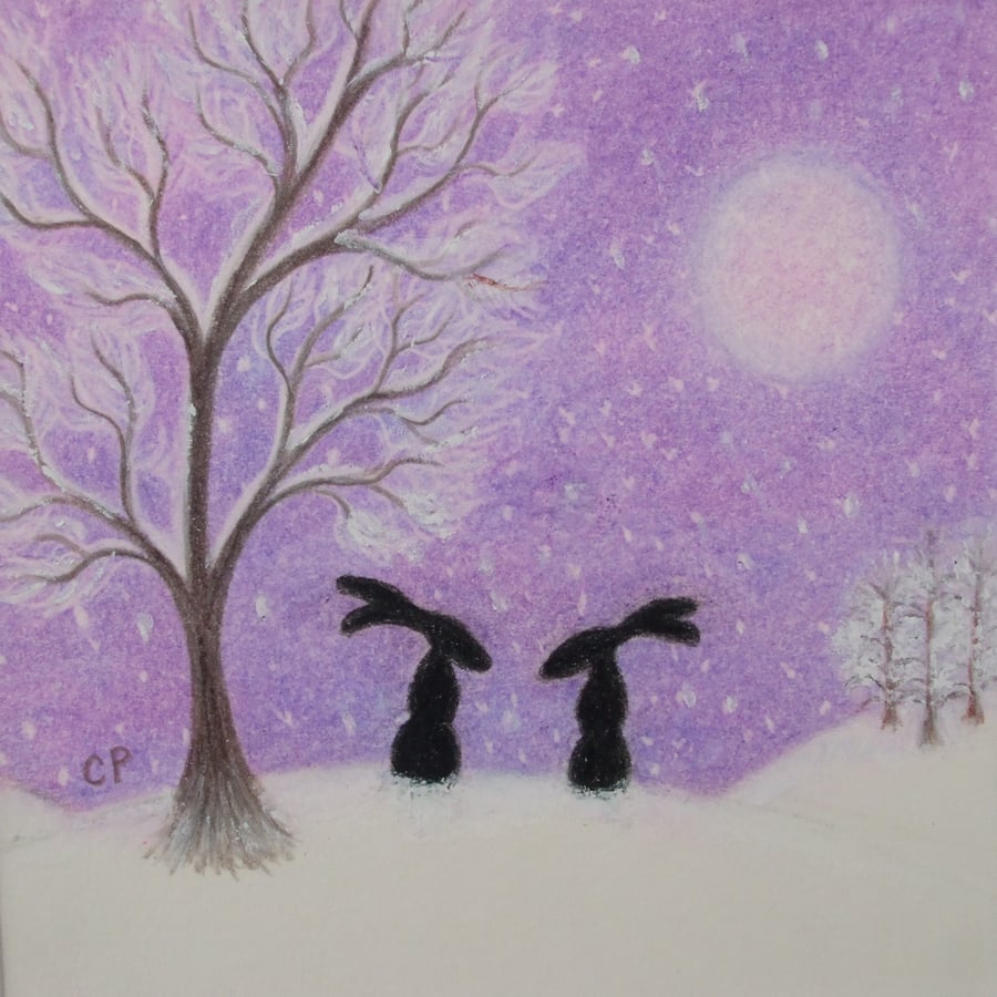 Rabbit Christmas Card, Purple Hare Card, Christmas Bunny Card, Snow Hare Card