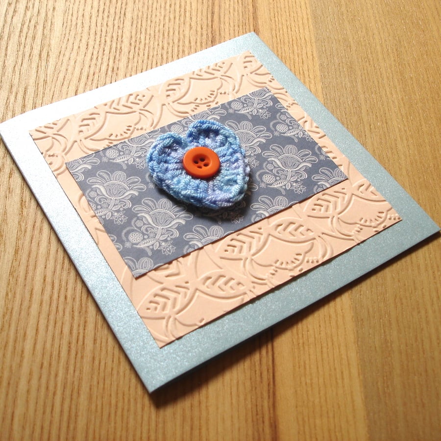 Peach and Blue Crochet Heart Greetings Card