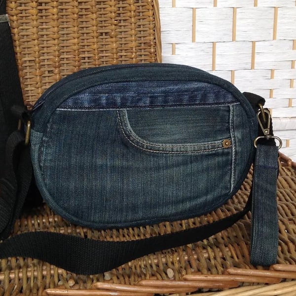 Dark blue recycled denim crossbody bag