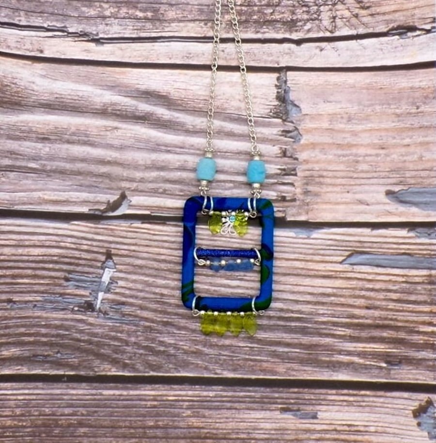 Handmade Fabric Buckle Necklace Czech Glass Flowers, Silver-Plated Chain