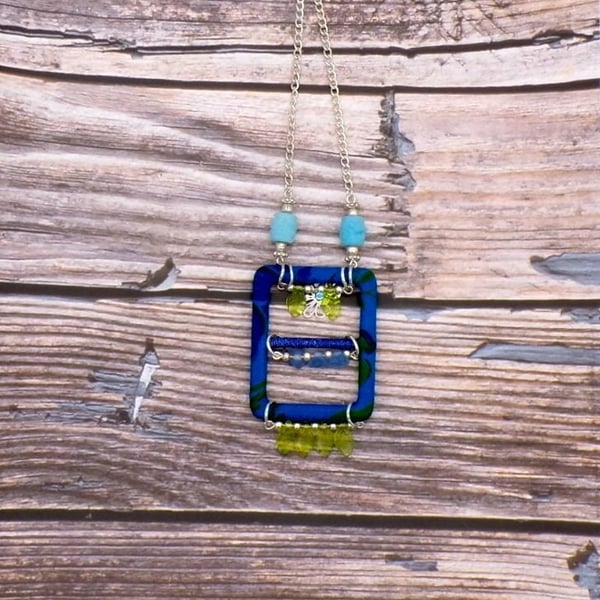 Handmade Fabric Buckle Necklace Czech Glass Flowers, Silver-Plated Chain