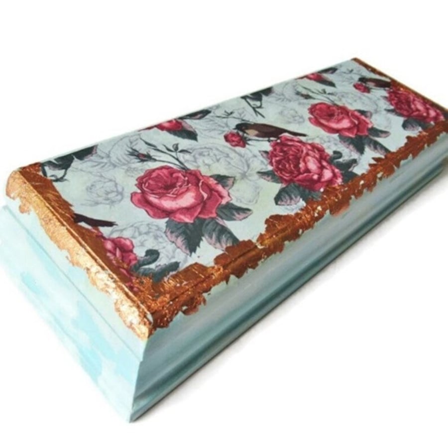 Hand Painted Jewellery Box Pen Trinket Floral Container Blue Green Red Roses