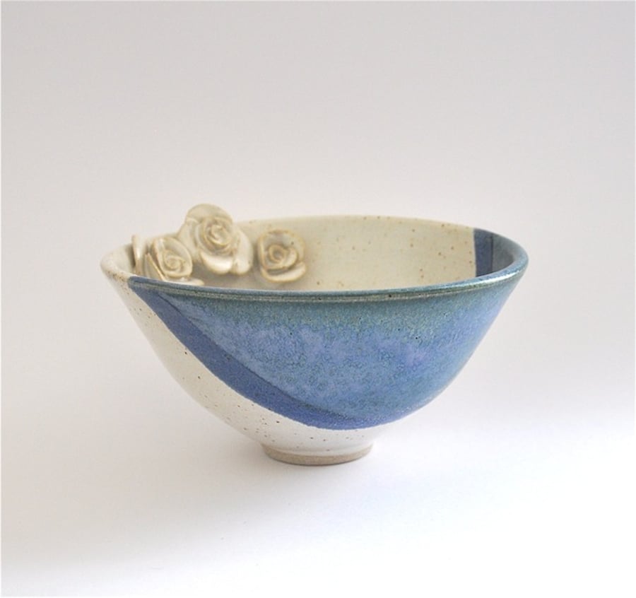 Ceramic bowl with roses in blue green purple and cream - handmade pottery