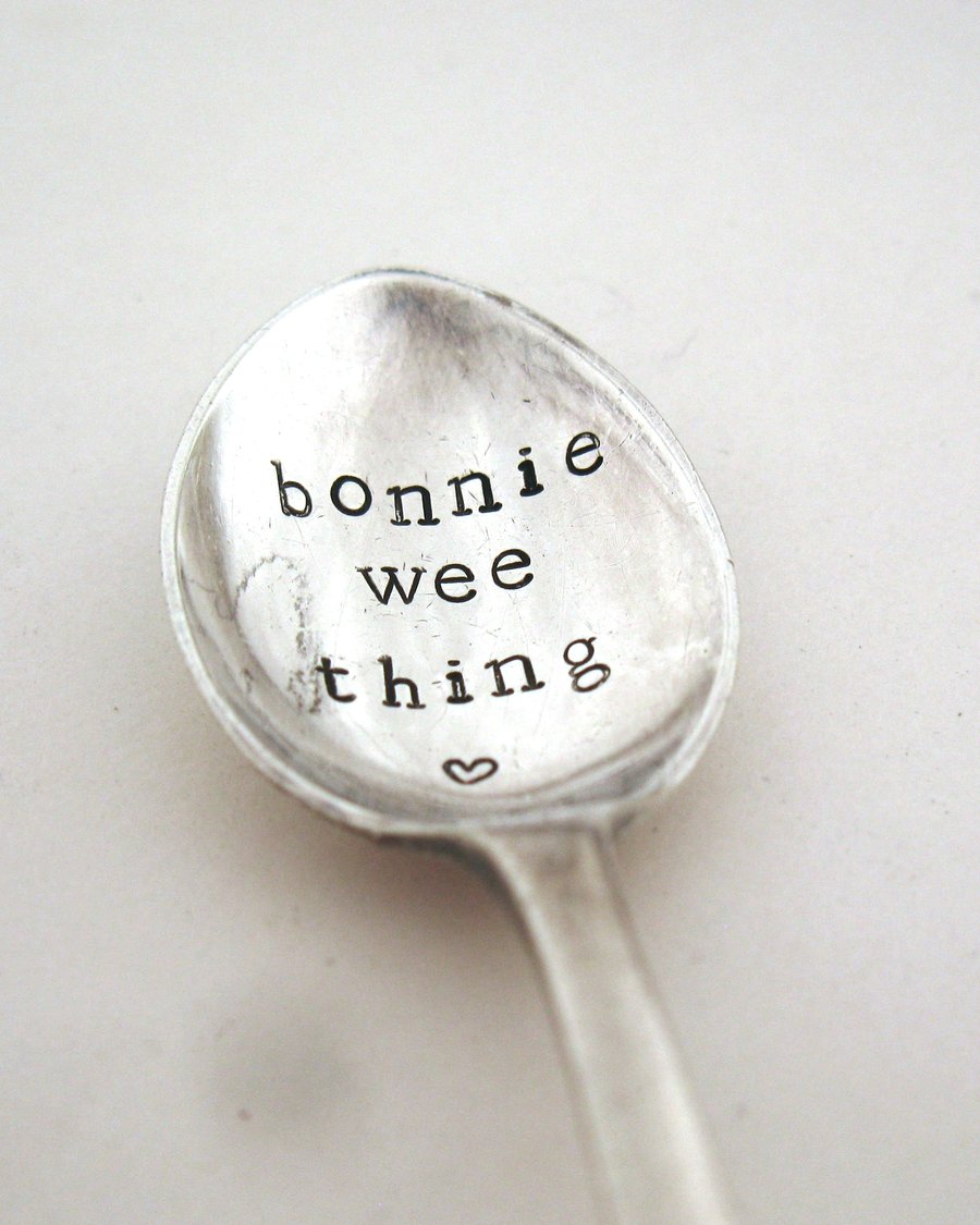 Bonnie wee thing, coffee spoon, hand stamped, Scottish theme, thistle