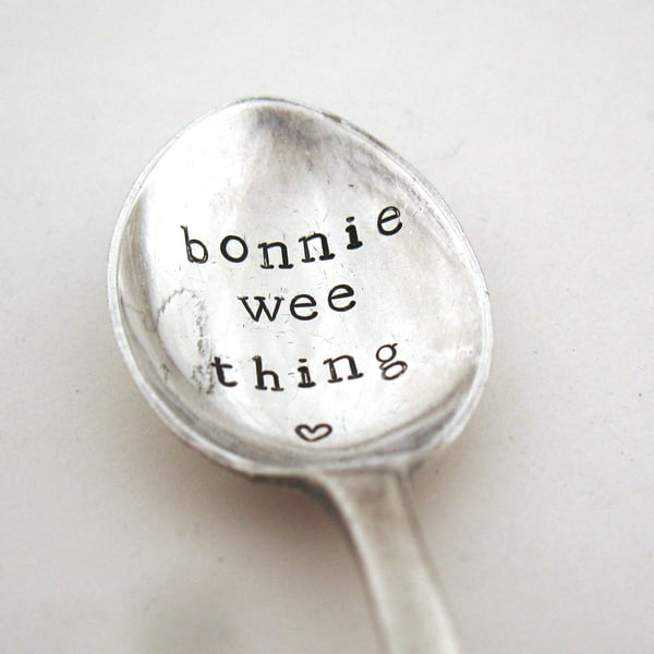 Bonnie wee thing, coffee spoon, hand stamped, Scottish theme, thistle