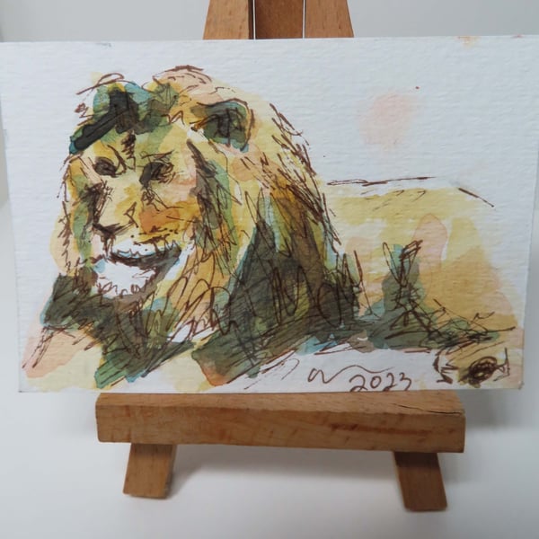 ACEO Animal Art Lion Rest Original Watercolour Ink Painting OOAK 