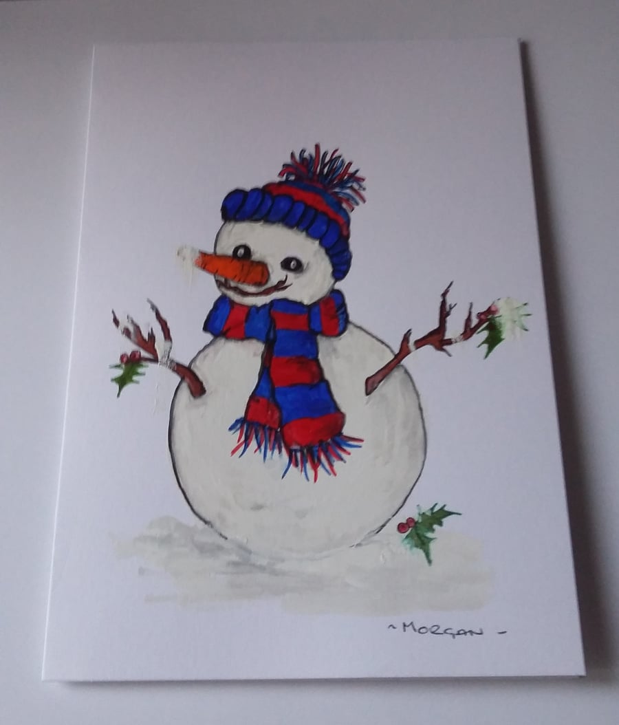 HAND PAINTED WATER COLOUR CARD  OF A SNOWMAN