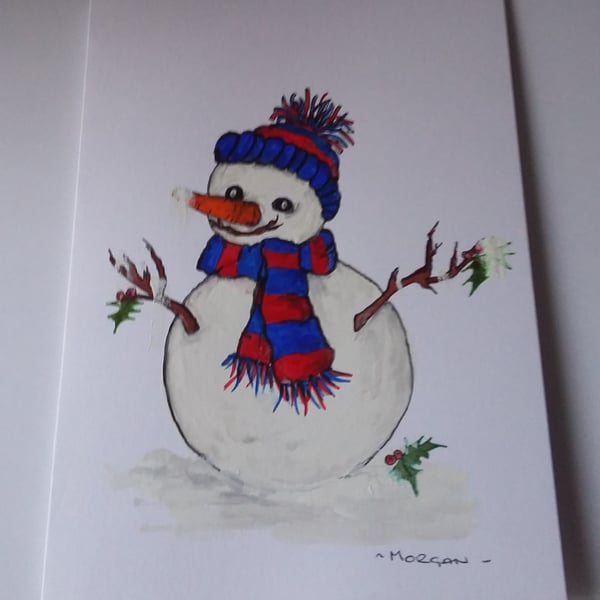 HAND PAINTED WATER COLOUR CARD  OF A SNOWMAN