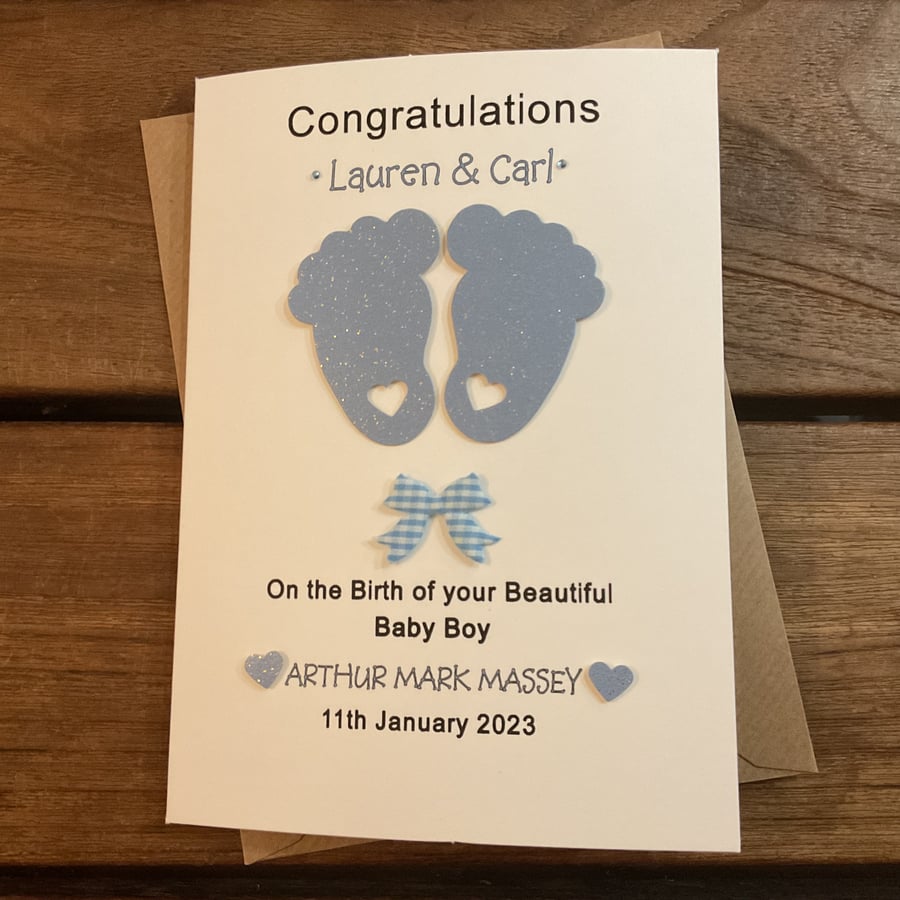 Handmade personalised New baby card - baby boy