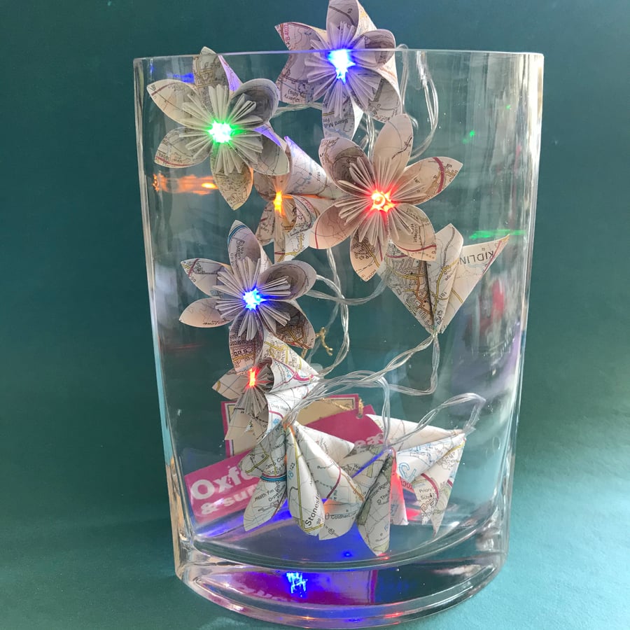 Vintage Map Paper Flower Fairy Lights - Oxford and surrounding areas