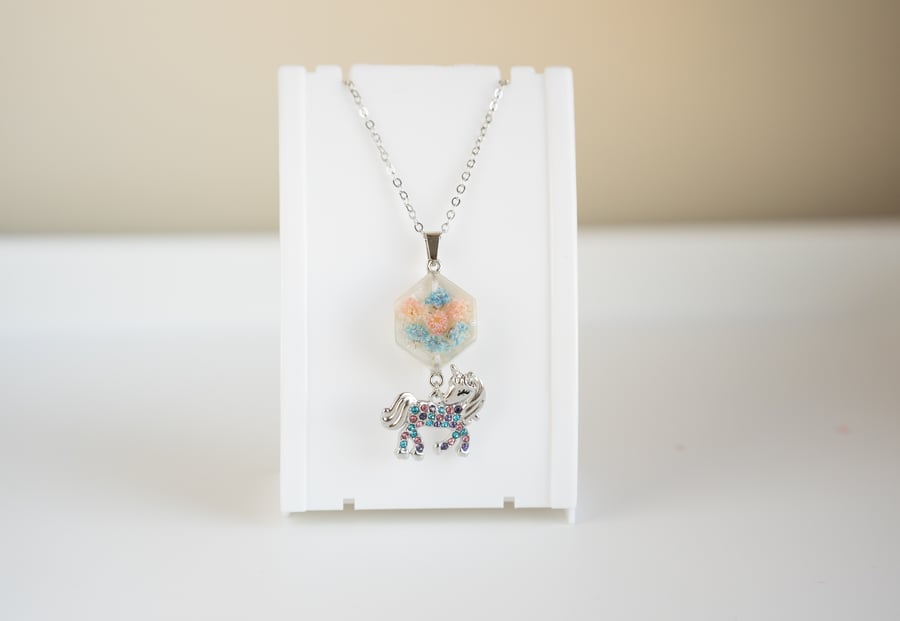Kawaii unicorn necklace Sterling Silver pressed flowers Whimsical resin pendant