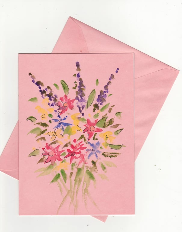 Blank Handpainted Pink Flowers Card 