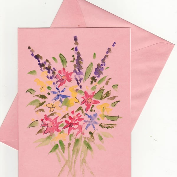 Blank Handpainted Pink Flowers Card 