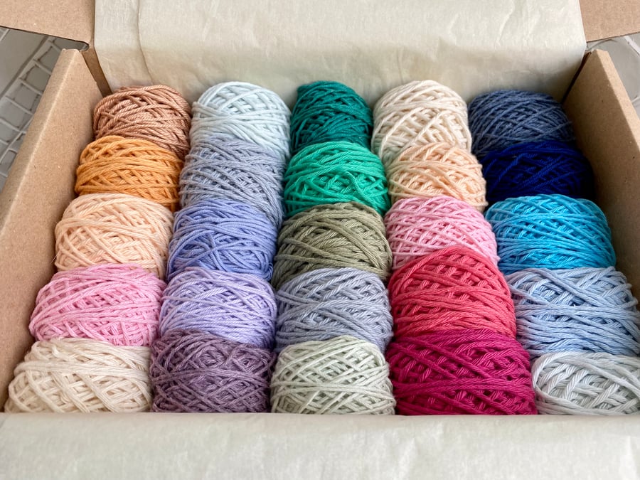 Box of cotton yarn, collection of mini cotton yarn cakes, crafters gift yarn box