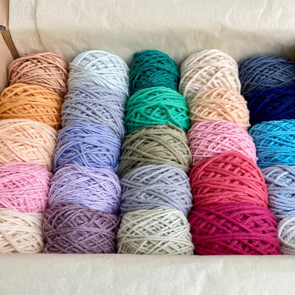 Box of cotton yarn, collection of mini cotton yarn cakes, crafters gift yarn box