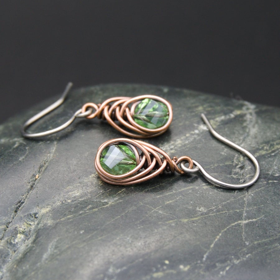 Copper Wire Wrapped Earrings with Faceted Peridot Glass Beads