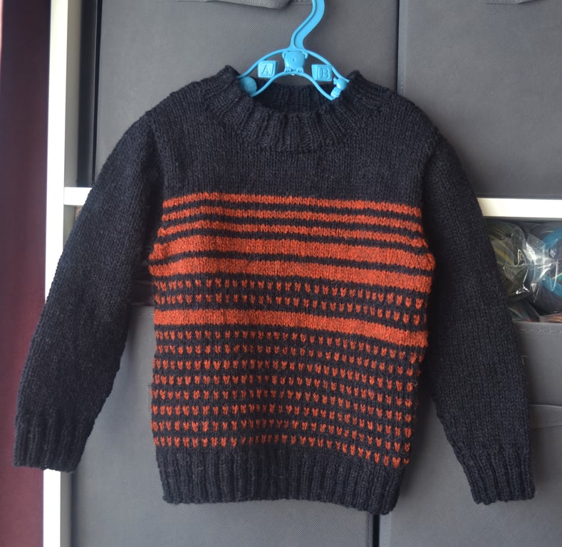 Hand Knitted Baby Sweater Black Rust Alpaca Wool Nylon 18-24 months Lang Yarns