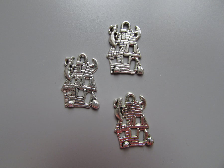 Silver Haunted House Tibetan Jewellery Charms x 3 Halloween