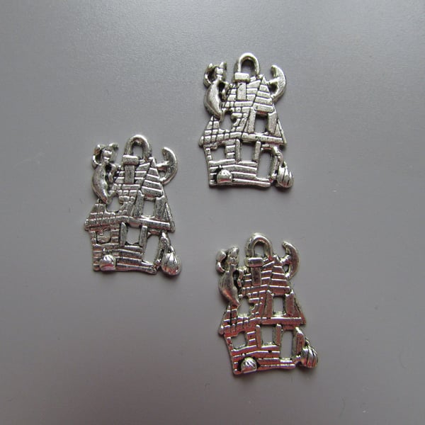 Silver Haunted House Tibetan Jewellery Charms x 3 Halloween