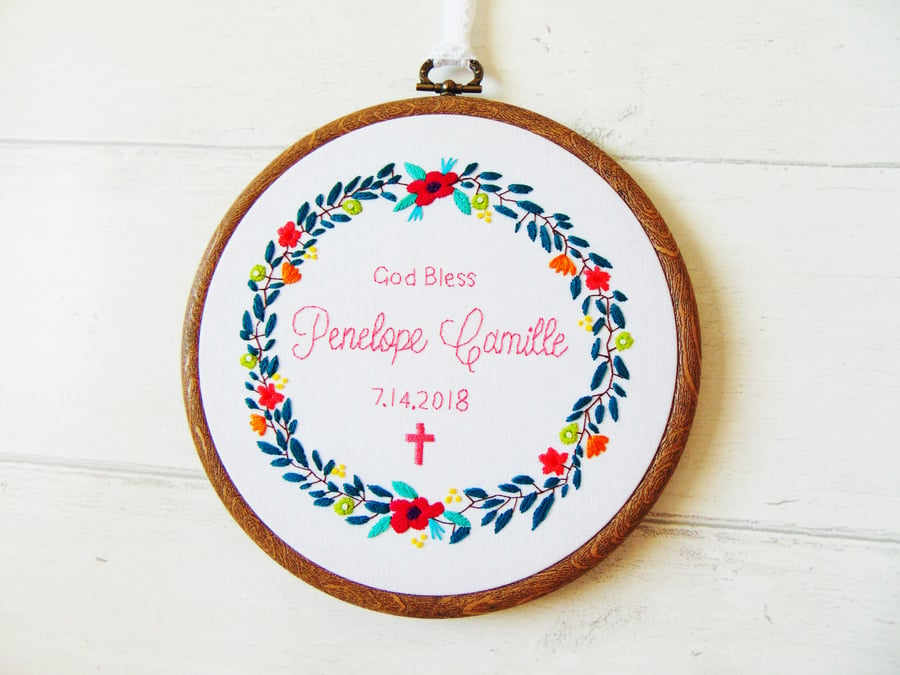 Baptism Gift, Christening Gift for Godchild, Personalised Hand Embroidered Hoop