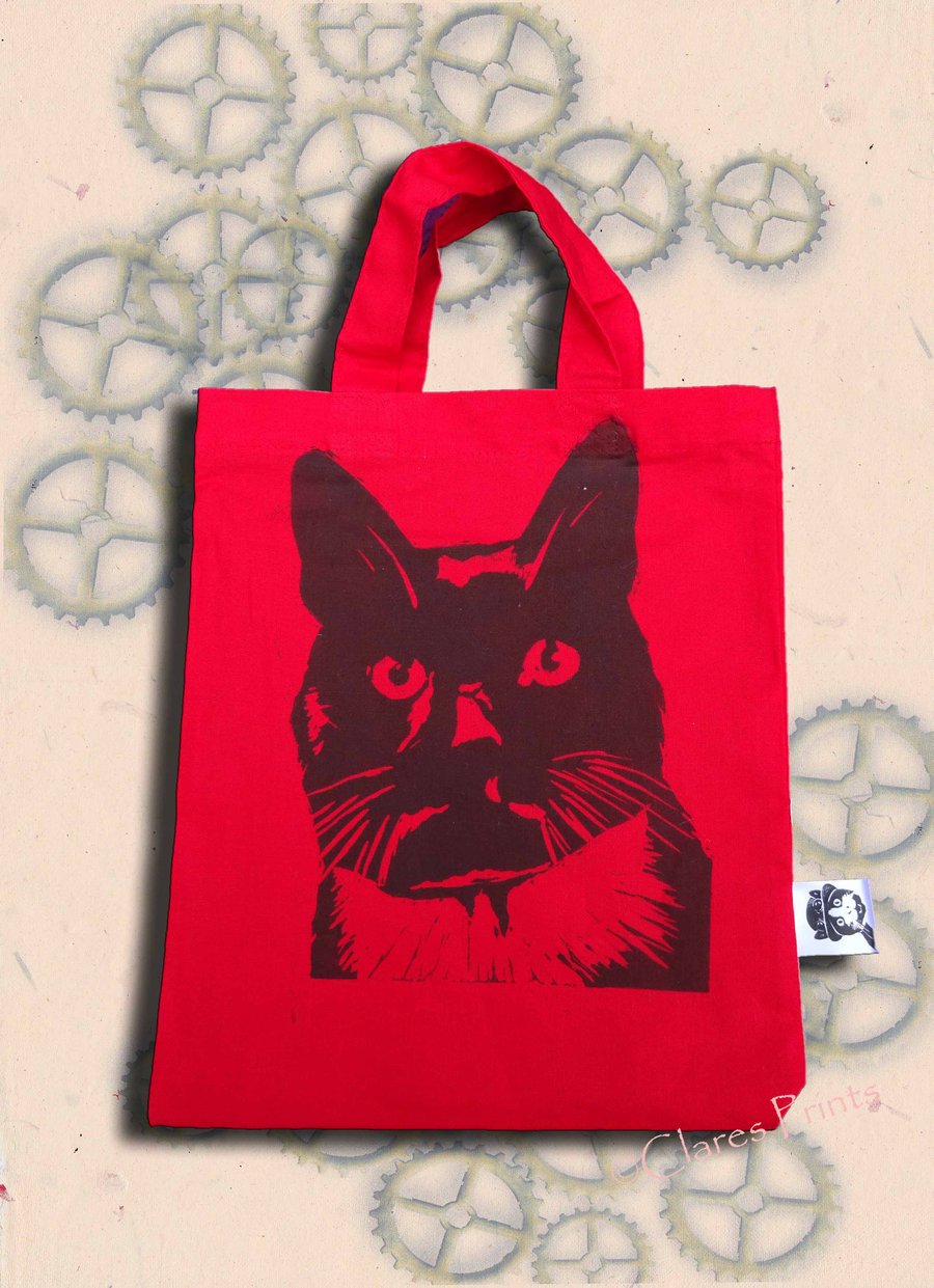 Black Cat Bag Red Lino-Printed Hand Printed Mini Tote Shopping Bag Children