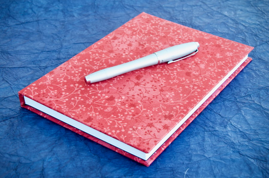 A5 Hardback Lined Notebook with full cloth dark red flower cover