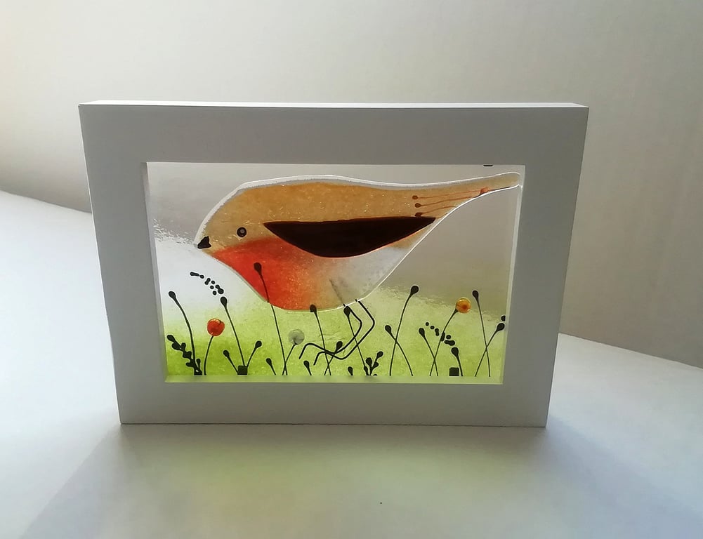 Robin Fused Glass Art: Framed Window Picture